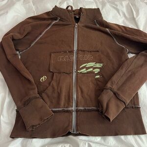 Brown Zip-Up Hoodie with Graphic Design